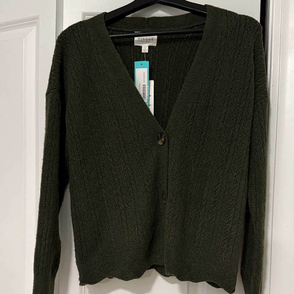 Pinque Olive Green V-Neck Cable Cardigan Sweater